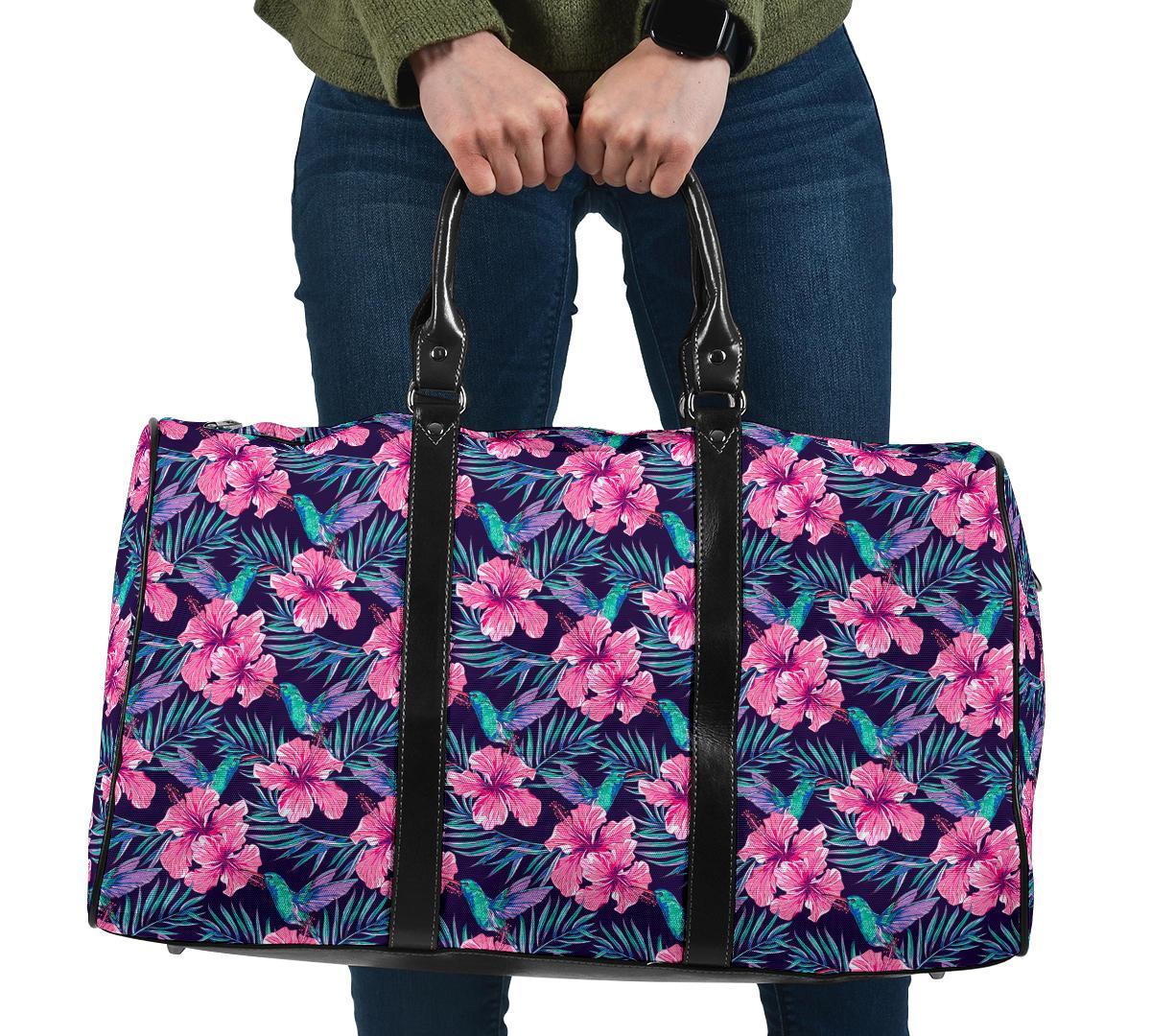 Tropical Flowers With Hummingbirds Palm Leaves Hawaii Travel Bag Travel Bag One size Black - Polynesian Pride