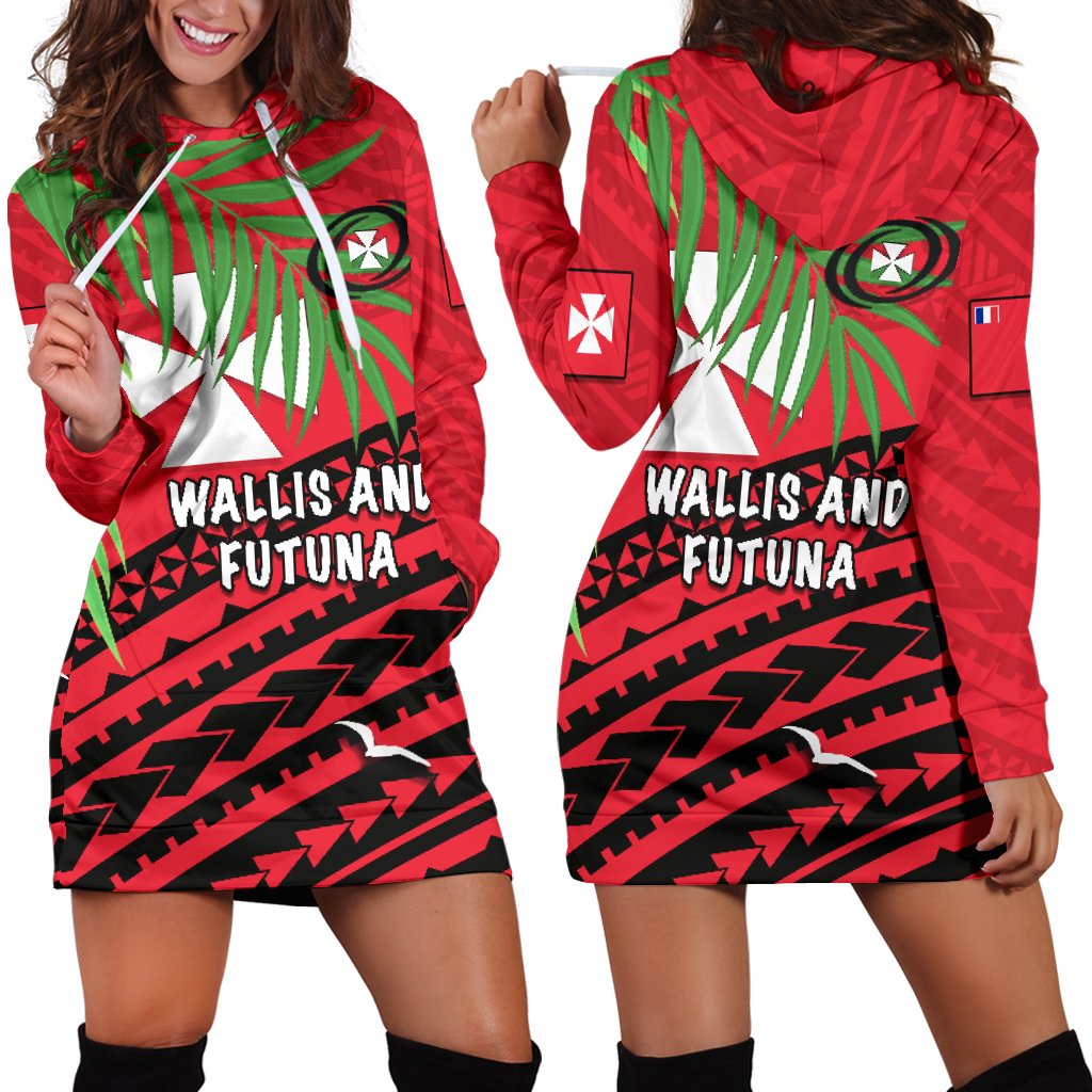 Wallis and Futuna Rugby Women Hoodie Dress Coconut Leaves Red - Polynesian Pride