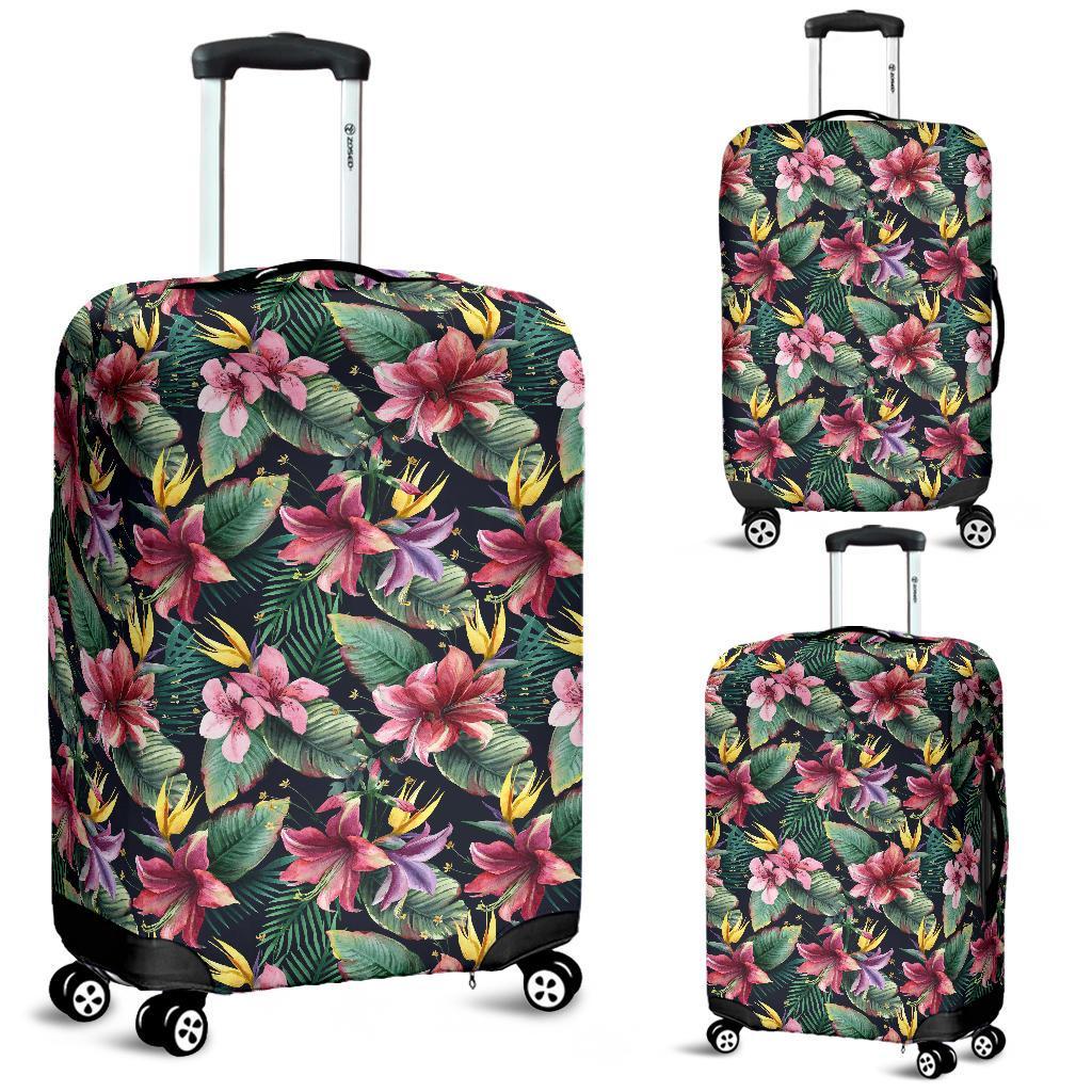 Tropical Flowers Palm And Leaves Luggage Cover White - Polynesian Pride