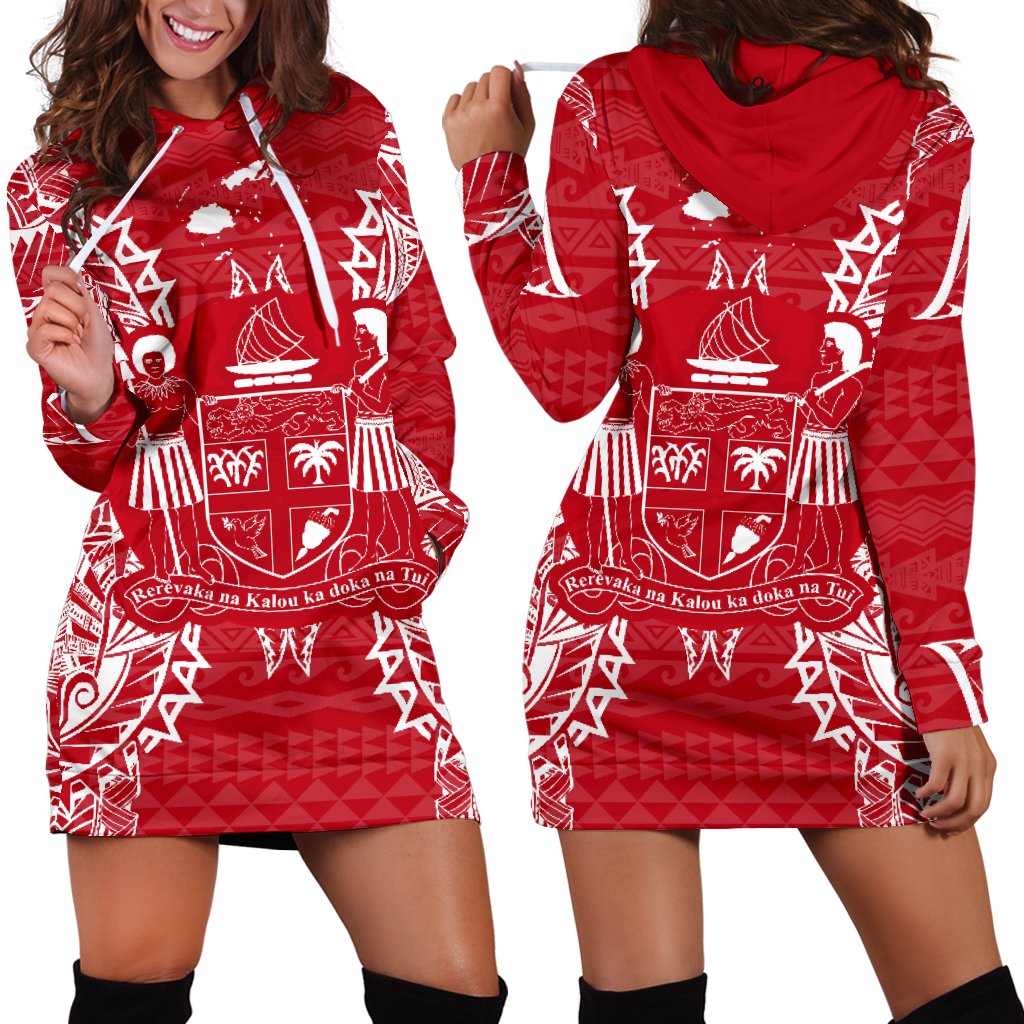 Fiji Polynesian Hoodie Dress Map Red White Red - Polynesian Pride