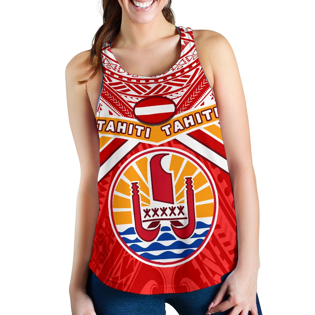 Tahiti Rugby Women Racerback Tank Polynesian Coat Of Arms and Flag Red - Polynesian Pride