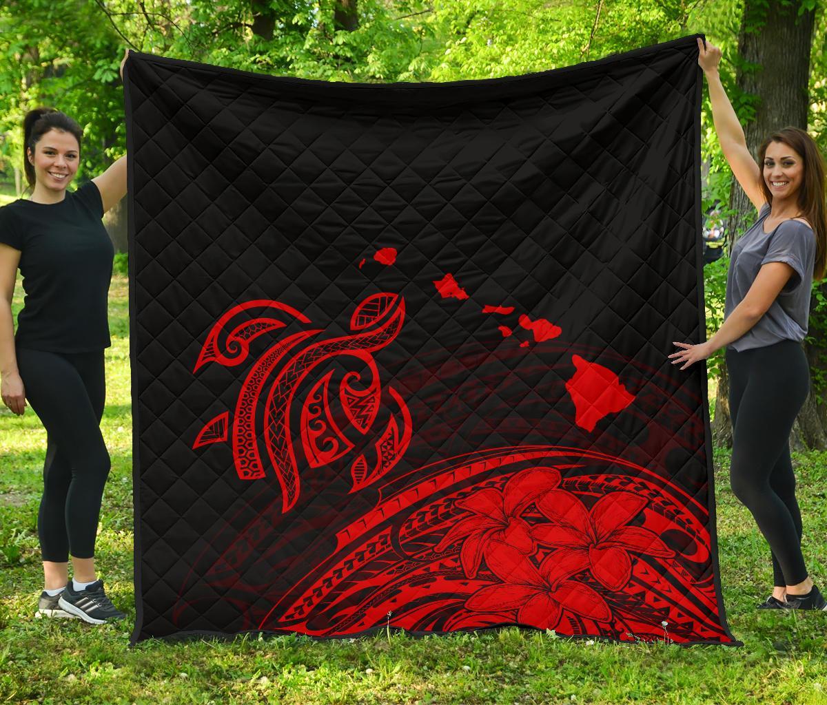 Hawaii Map Plumeria Polynesian Red Premium Quilt Red - Polynesian Pride