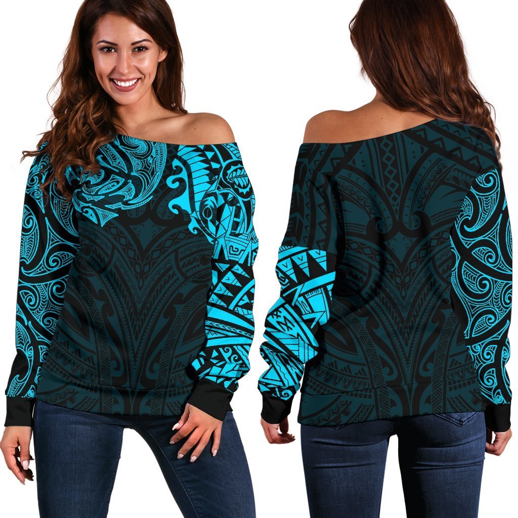 New Zealand Women's Off Shoulder Sweater, Maori Polynesian Tattoo Blue Blue - Polynesian Pride