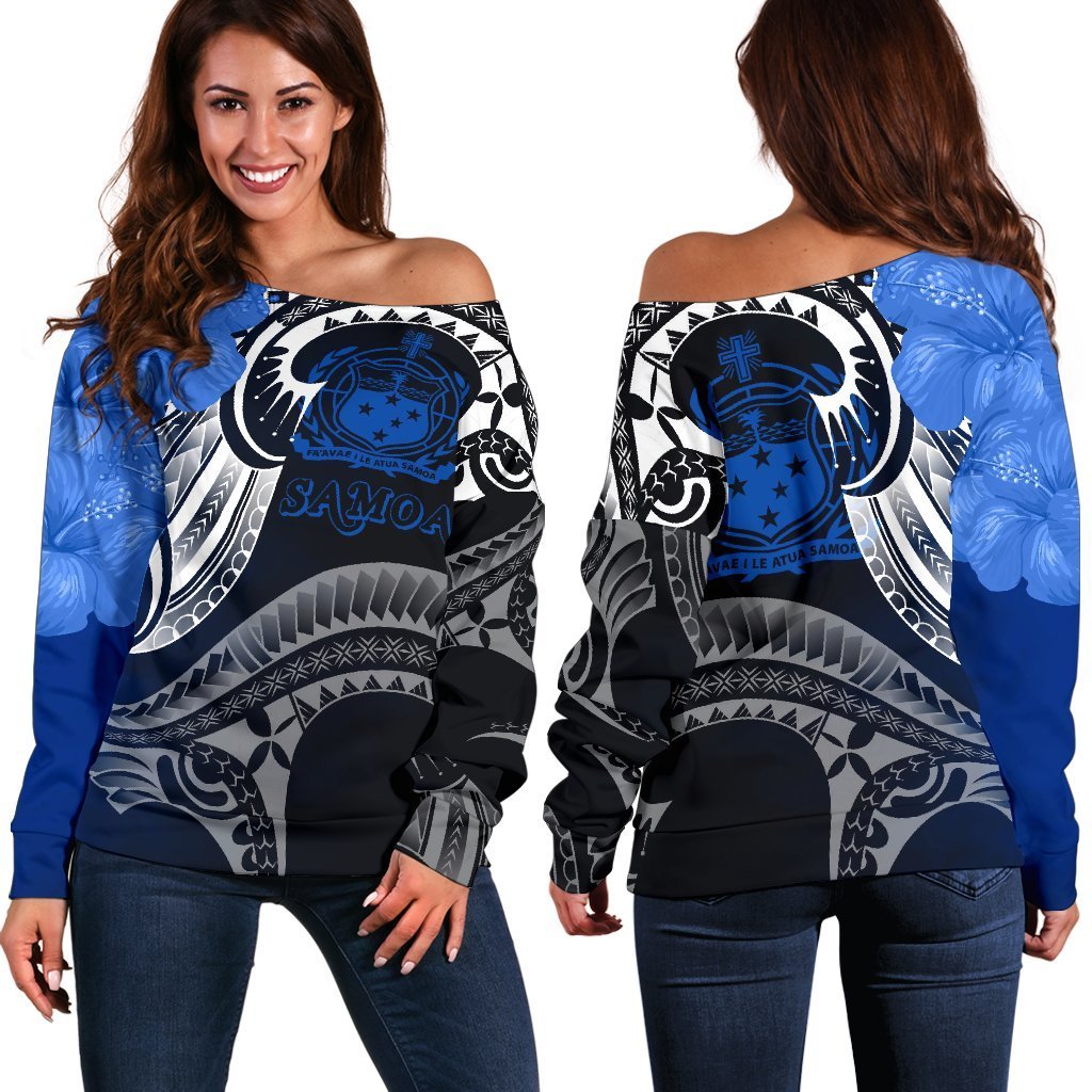 Samoa Women's Off Shoulder Sweater - Samoa Seal Wave Style (Blue) Blue - Polynesian Pride