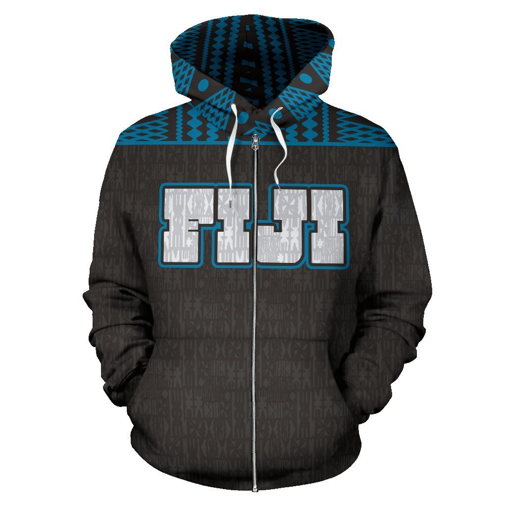Fiji Tapa All Over Zip up Hoodie Blue - Polynesian Pride