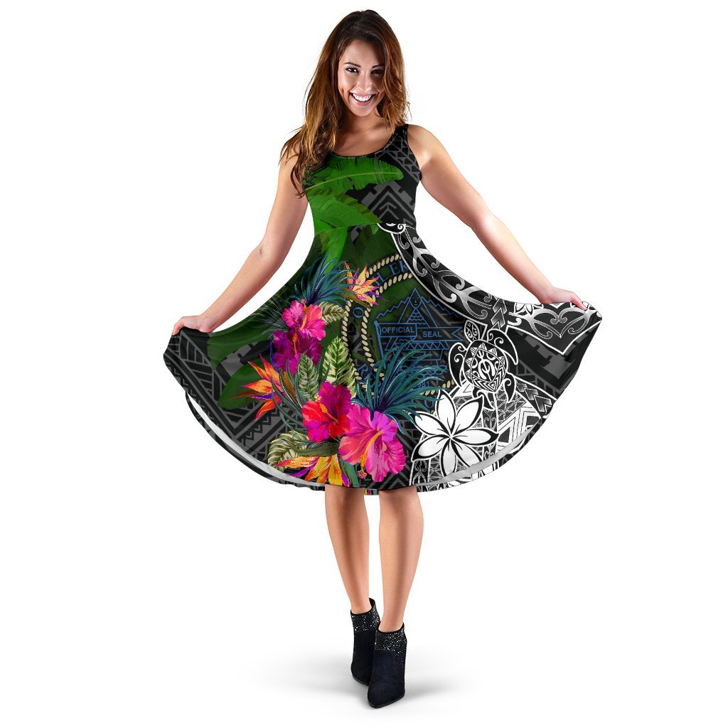 Palau Midi Dress - Turtle Plumeria Banana Leaf Crest Women Black - Polynesian Pride