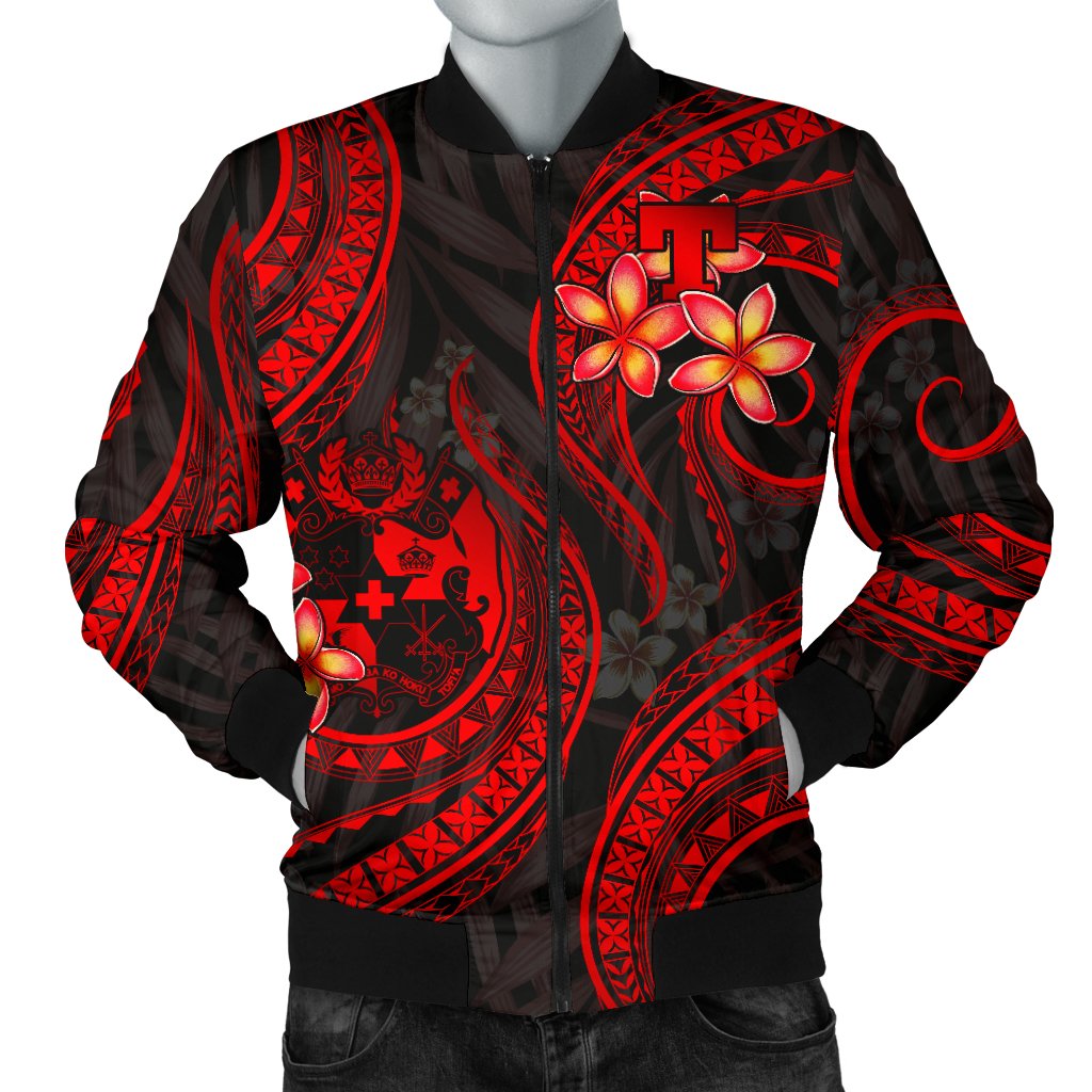 Tonga Polynesian Men Bomber Jacket - Red Plumeria - Polynesian Pride