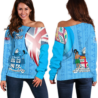 Fiji Custom Personalised Women's Off Shoulder Sweater - Fiji Flag - 2XS / Blue