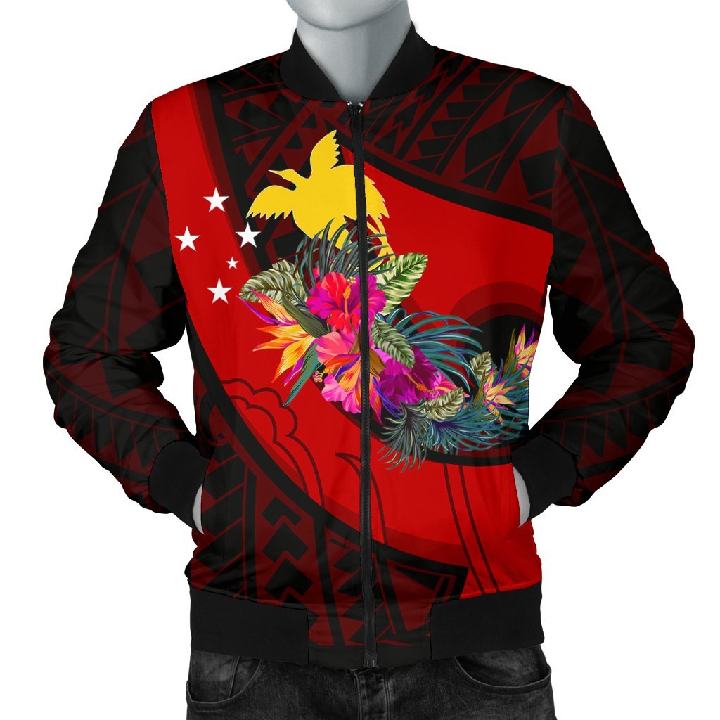 Papua New Guinea Men's Bomber Jacket - Polynesian Hook And Hibiscus (Red) Raggae - Polynesian Pride