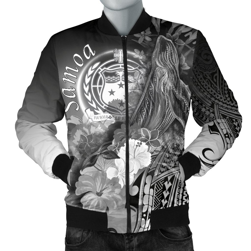 Samoa Men's Bomber Jacket - Humpback Whale with Tropical Flowers (White) White - Polynesian Pride