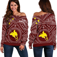 Papua New Guinea Women's Off Shoulder Sweater - Flag With Polynesian Patterns (Red) - Polynesian Pride
