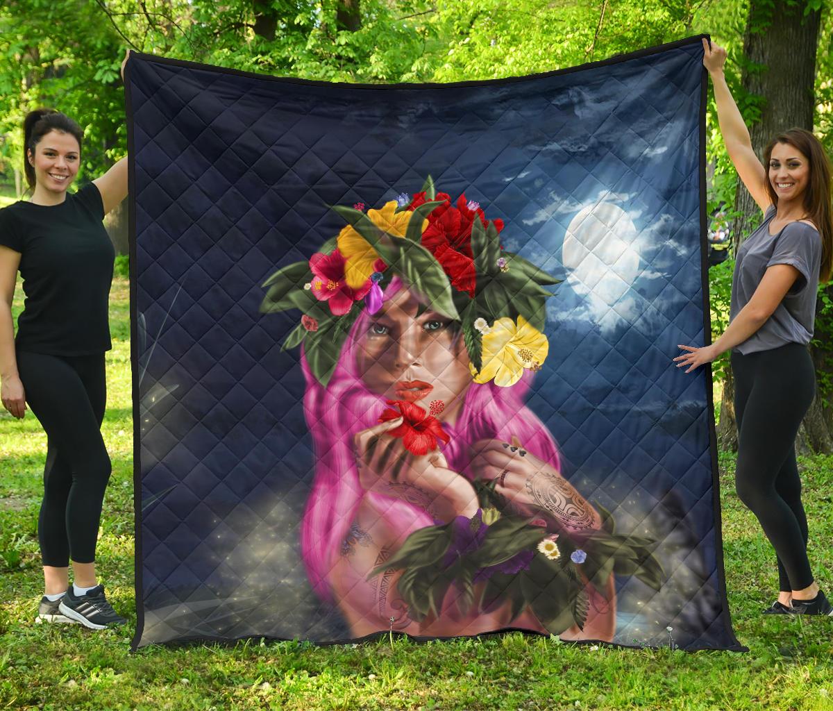 Hawaii Kanaka Colorful Hula Girl Premium Quilt - Dinh Style Blue - Polynesian Pride