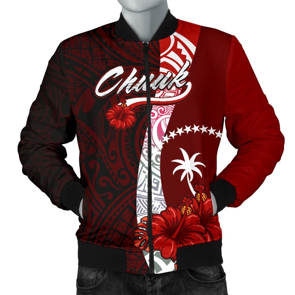 Chuuk Micronesia Men's Bomber Jacket - Coat Of Arm With Hibiscus Red - Polynesian Pride