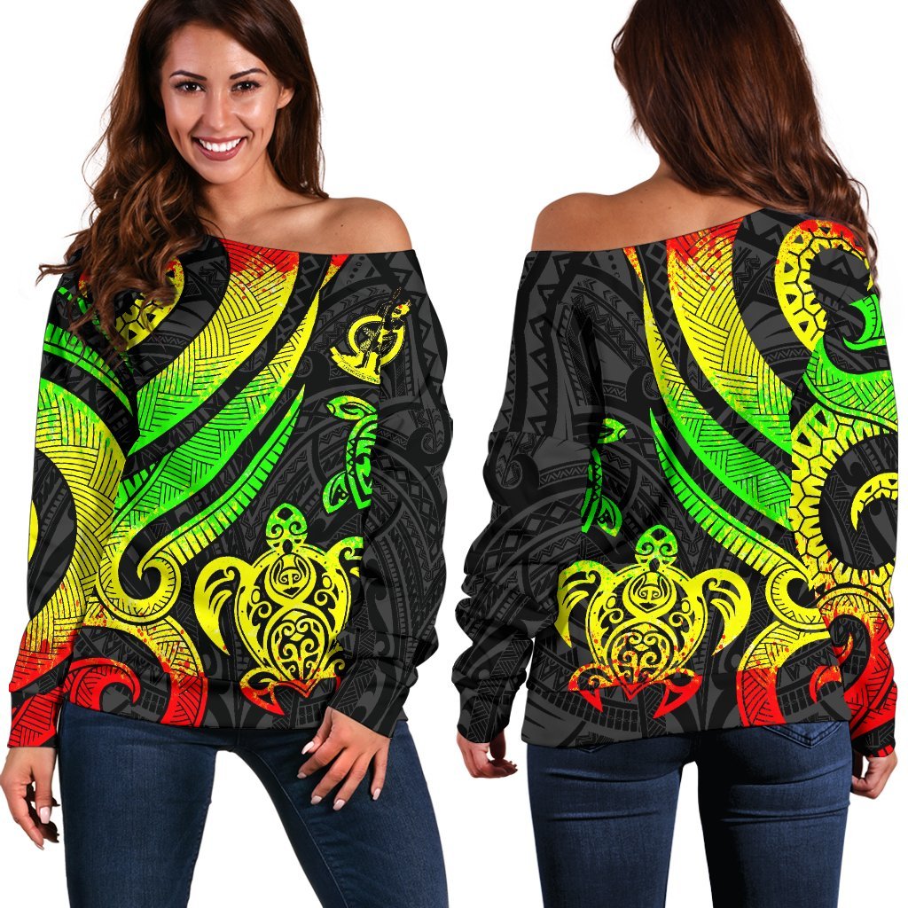 Vanuatu Women's Off Shoulder Sweater - Reggae Tentacle Turtle Art - Polynesian Pride