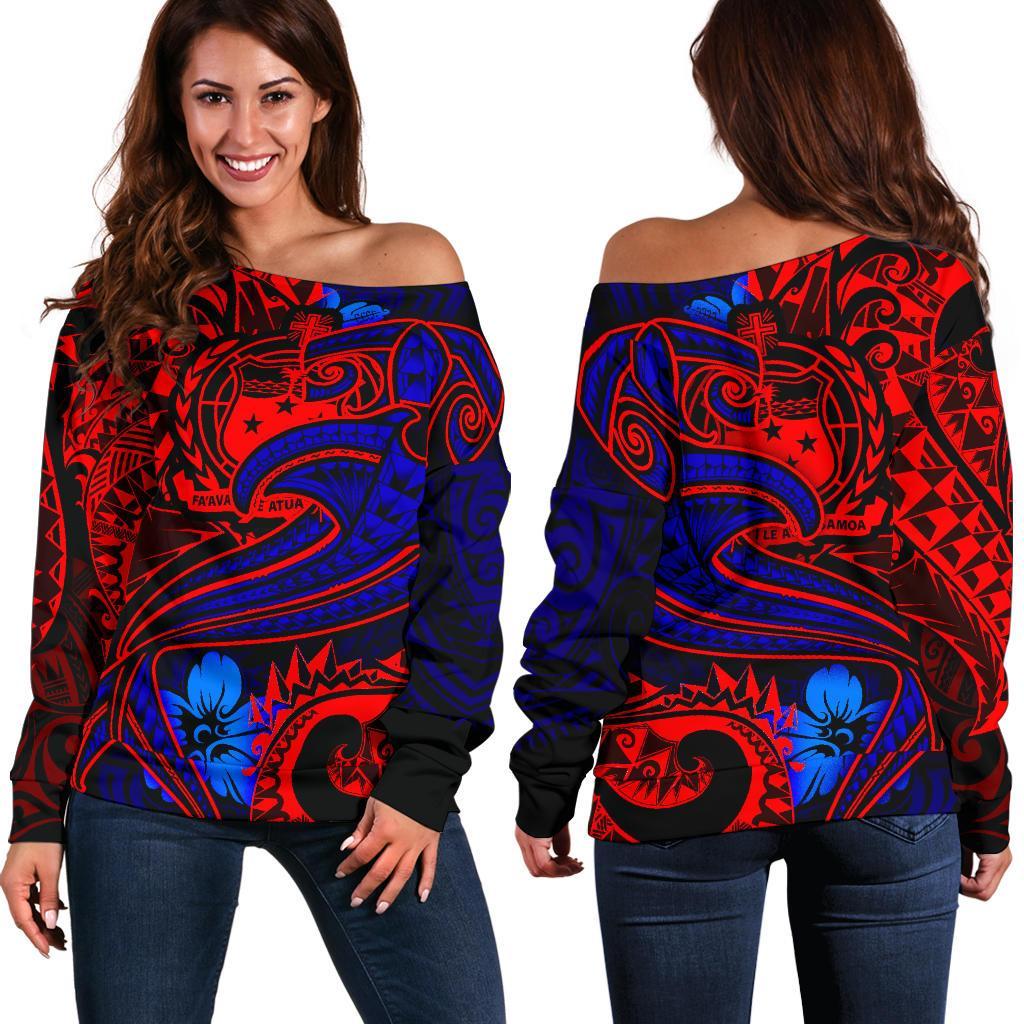 Samoa Women's Off Shoulder Sweater - Blue Shark Polynesian Tattoo Blue - Polynesian Pride