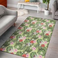 Tropical Hibiscus, Plumeria Green Rug White - Polynesian Pride