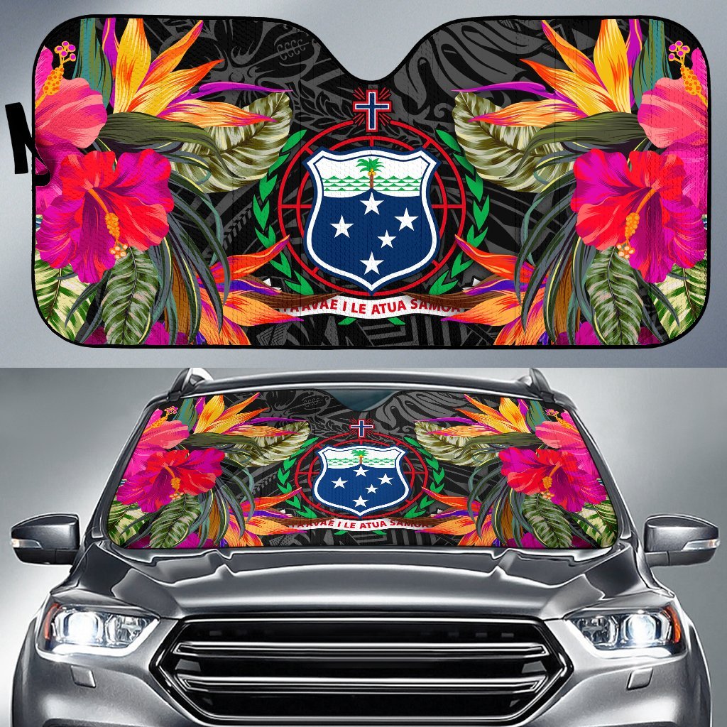 Samoa Auto Sun Shades - Hibiscus Pattern Auto Sun Shade Universal Fit Black - Polynesian Pride