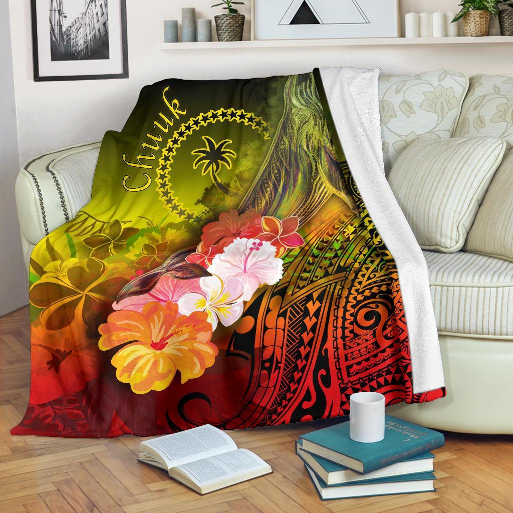 Chuuk Premium Blanket - Humpback Whale with Tropical Flowers (Yellow) White - Polynesian Pride