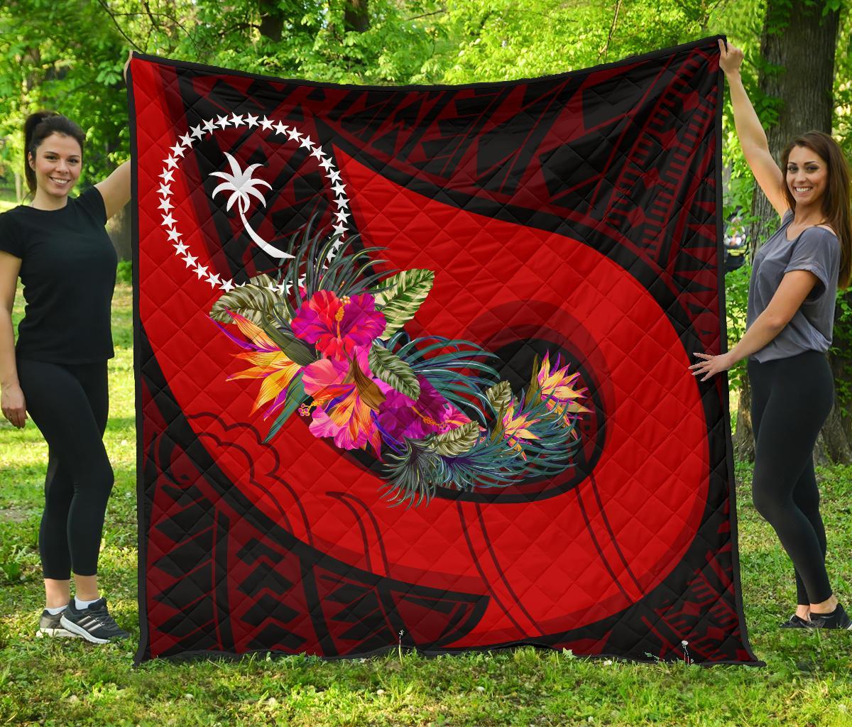 Chuuk Premium Quilt - Polynesian Hook And Hibiscus (Red) - Polynesian Pride