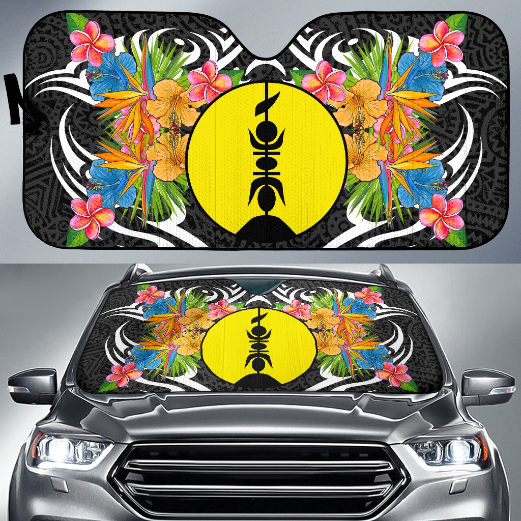 New Caledonia Auto Sun Shades - Coat Of Arms With Tropical Flowers Auto Sun Shade - New Caledonia Universal Fit Black - Polynesian Pride