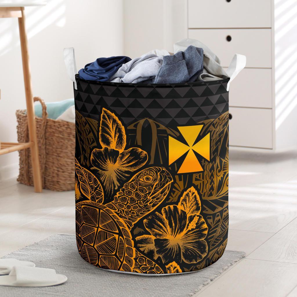 Wallis And Futuna Laundry Basket - Polynesian Turtle Hibiscus Gold Laundry Basket One Size Gold - Polynesian Pride