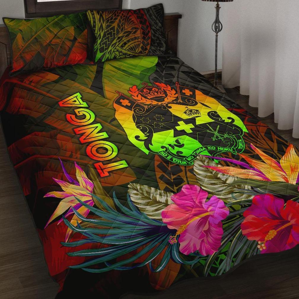 Tonga Polynesian Quilt Bed Set - Hibiscus and Banana Leaves Art - Polynesian Pride