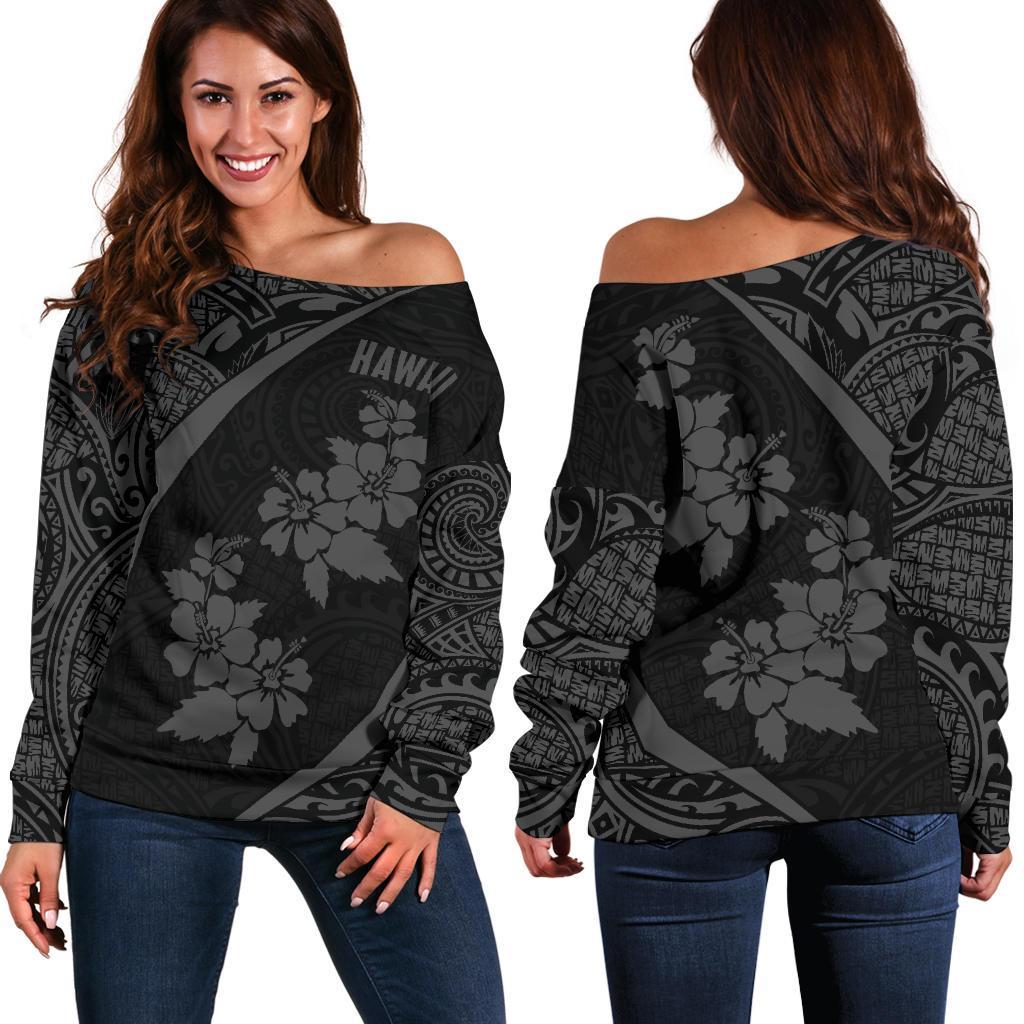 Hawaii Polynesian Women's Off Shoulder Sweater Hibiscus TH5 Black - Polynesian Pride