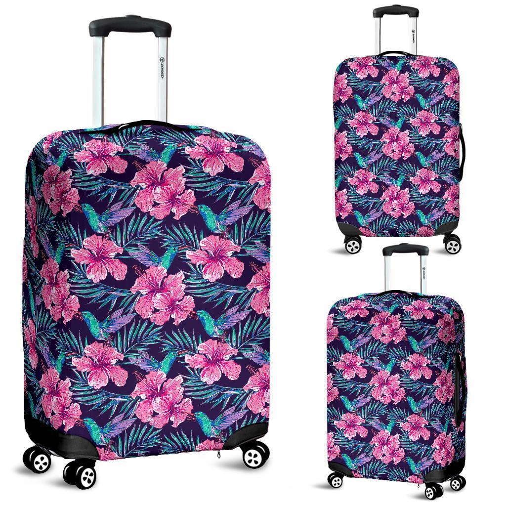 Tropical Flowers With Hummingbirds Palm Leaves Luggage Cover White - Polynesian Pride