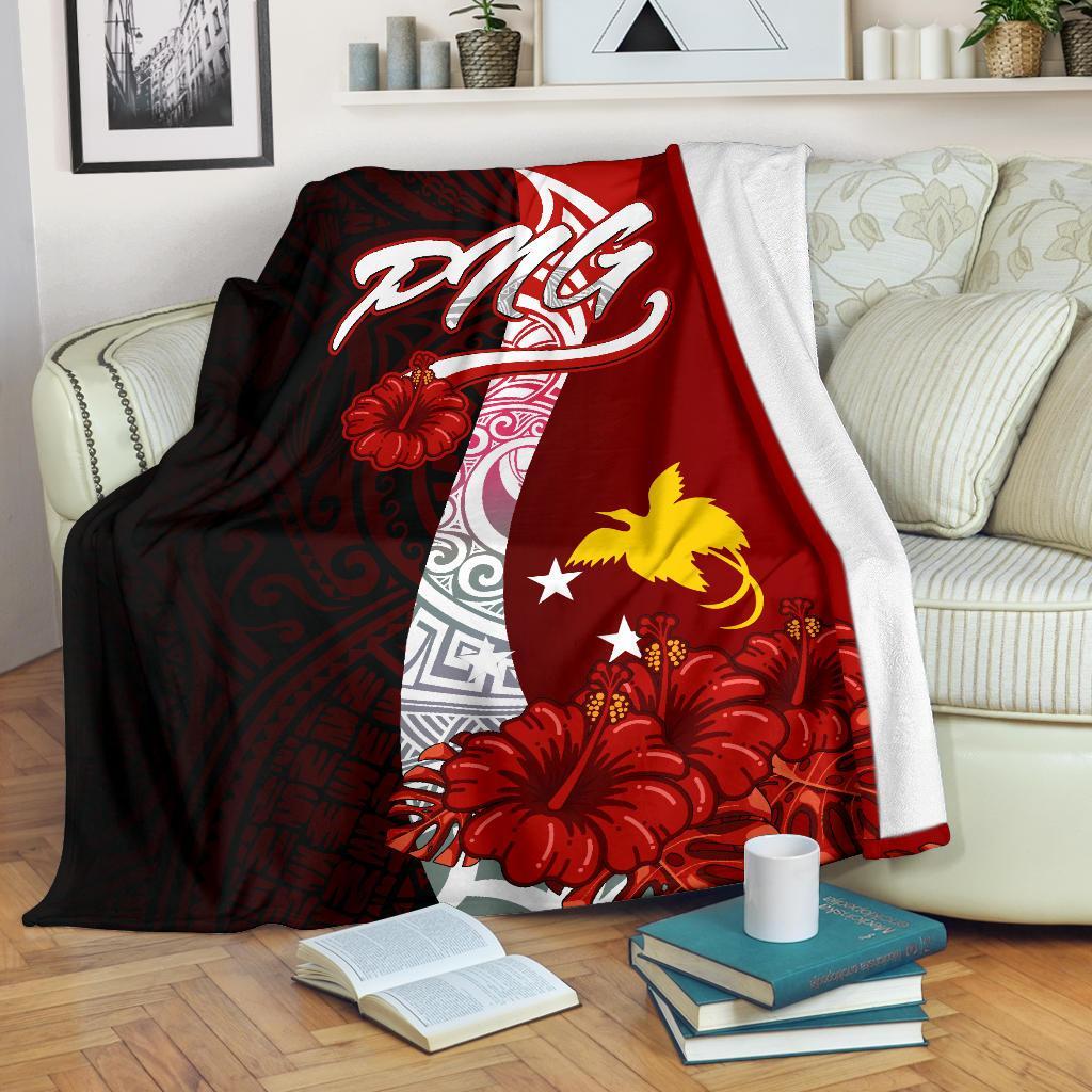 Papua New Guinea Polynesian Premium Blanket - Coat Of Arm With Hibiscus White - Polynesian Pride