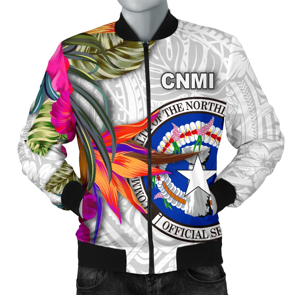 Northern Mariana Islands Men's Bomber Jacket Polynesian Hibiscus White Pattern White - Polynesian Pride