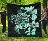 Hawaiian Kanaka Hibiscus Plumeria Mix Polynesian Turtle Premium Quilt Turquoise AH Turquoise - Polynesian Pride