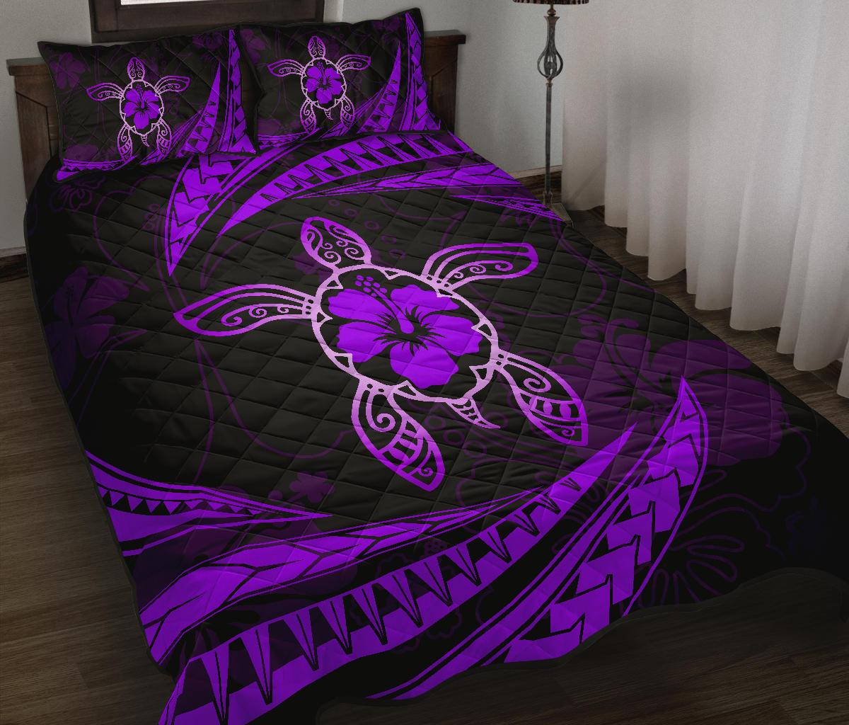 Hawaii Quilt Bed Set - Hibiscus Turtle Tribal Waves Purple - Polynesian Pride