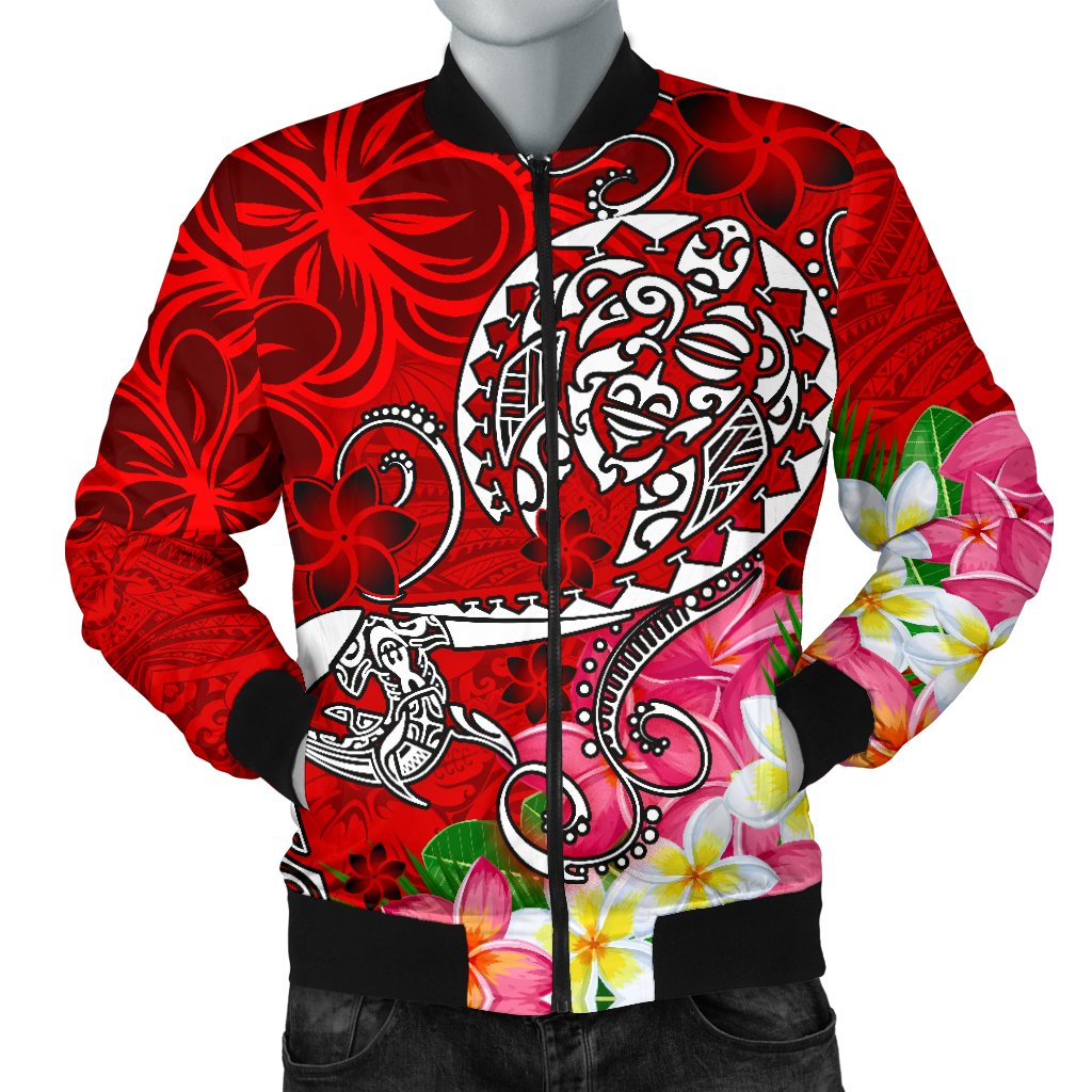 Polynesian Men's Bomber Jacket - Turtle Plumeria Red Color Red - Polynesian Pride