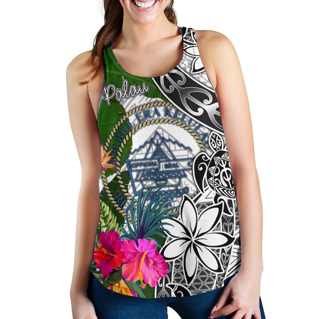 Palau Women's Racerback Tank White - Turtle Plumeria Banana Leaf Crest - Polynesian Pride