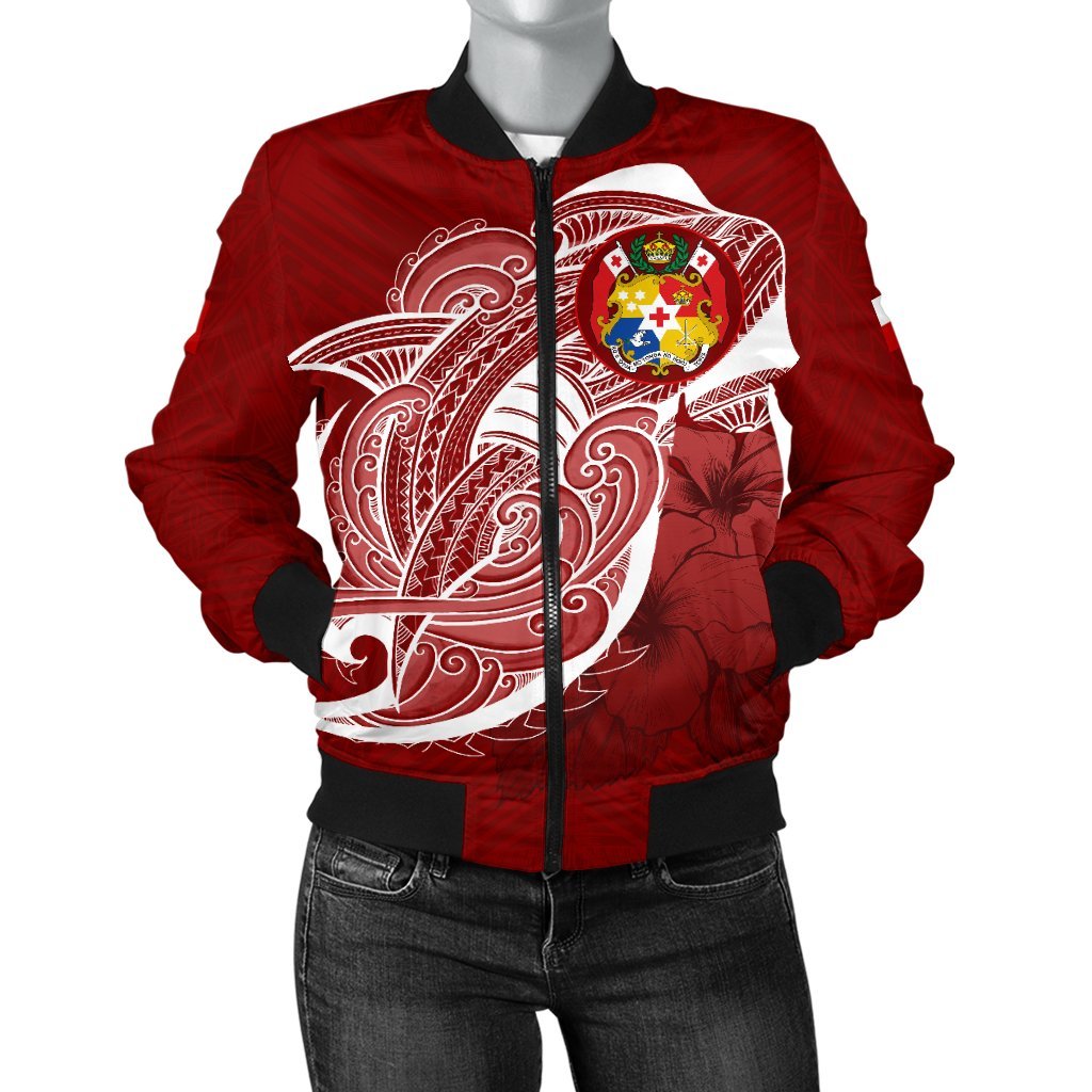 Tonga Women'S Bomber Jacket Shark Coat Of Arms Red - Polynesian Pride