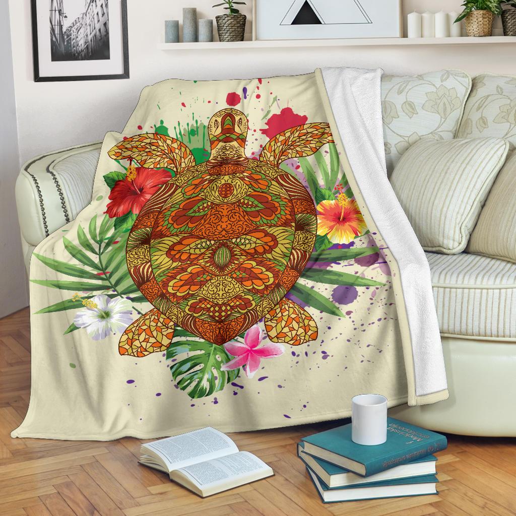 Hawaii Turtle Life Hibiscus Design Premium Blanket White - Polynesian Pride
