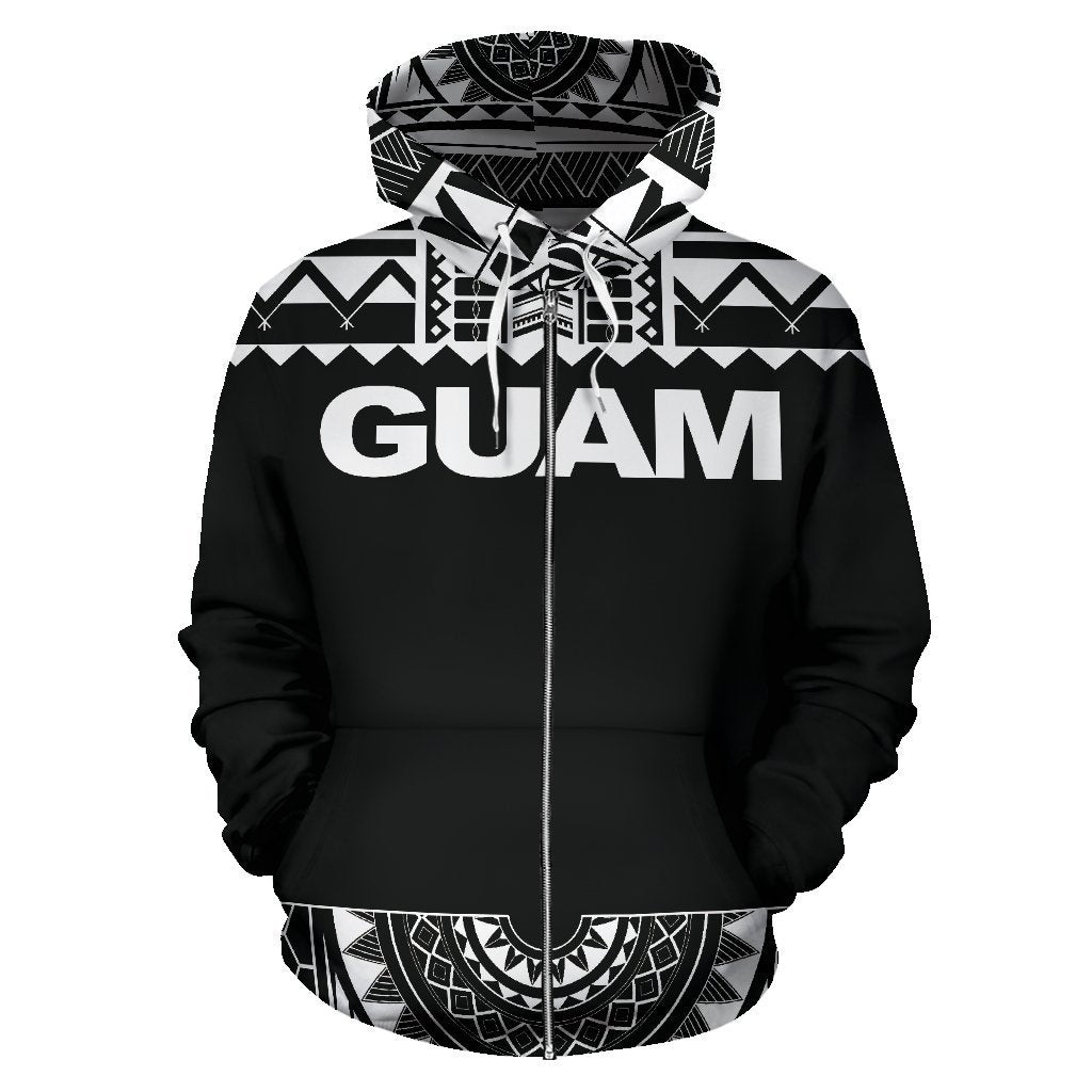 Guam All Over Zip up Hoodie Polynesian Black and White - Polynesian Pride