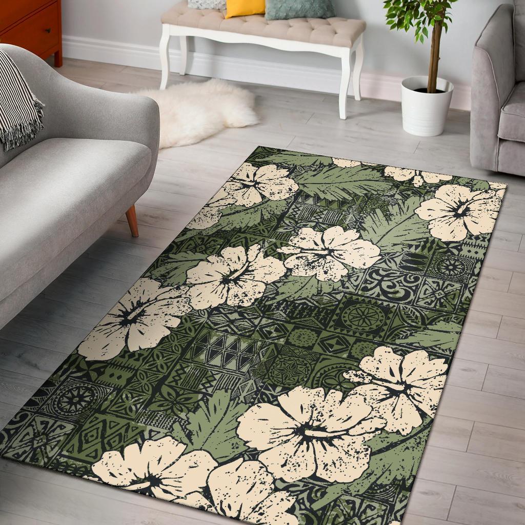 Polynesian Area Rug - Tribal Vintage Hibiscus Flowers Green Color Vintage Color - Polynesian Pride