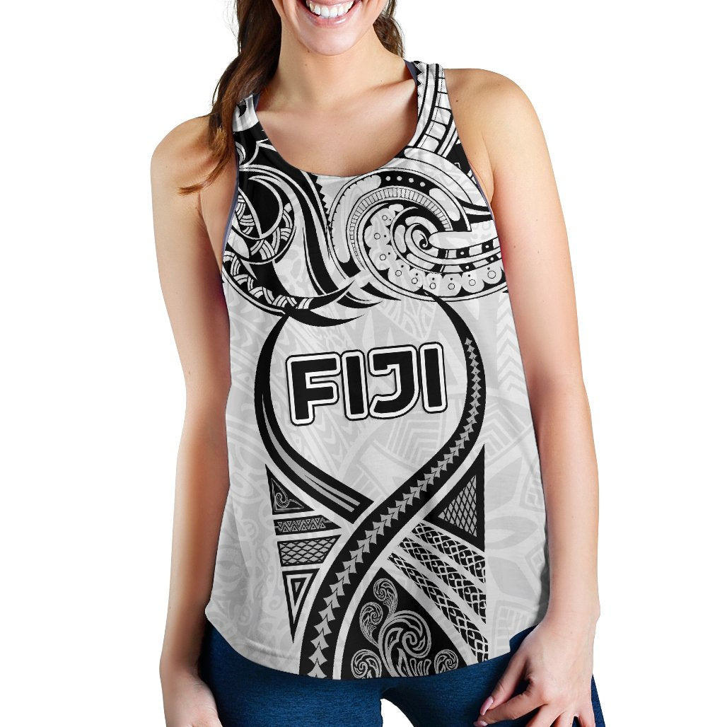 Fiji Rugby Women Racerback Tank Polynesian Waves Style White - Polynesian Pride