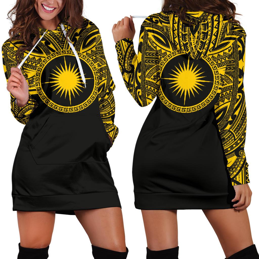 Marshall Islands Women Hoodie Dress - Marshall Islands Coat Of Arms Polynesian Gold Black Gold - Polynesian Pride