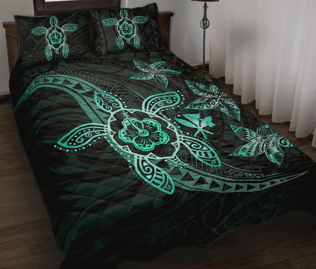 Kanaka Map Hibiscus Plumeria Turtle Art Turquoise Polynesian Quilt Bed Set - Polynesian Pride