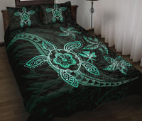 Kanaka Map Hibiscus Plumeria Turtle Art Turquoise Polynesian Quilt Bed Set - Polynesian Pride