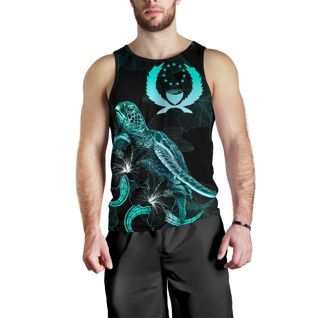 Pohnpei Polynesian Men Tank Top - Turtle With Blooming Hibiscus Tuquoise - Polynesian Pride