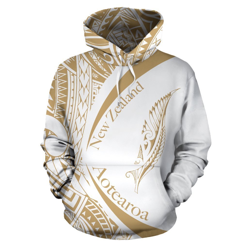 New Zealand Silver Fern Hoodie Maori Tattoo Circle Style White Unisex Black - Polynesian Pride