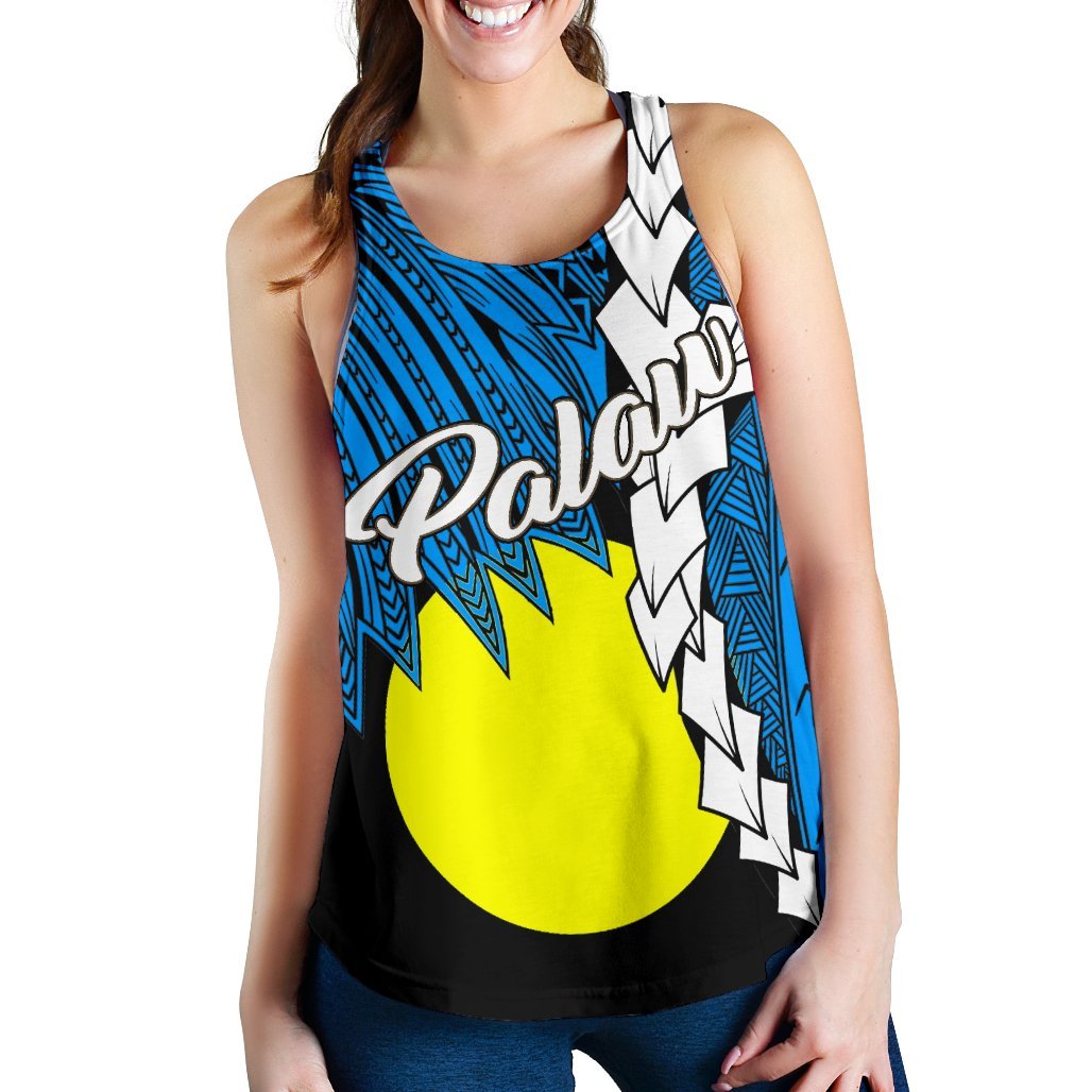 Palau Polynesian Women's Racerback Tank - Tribal Wave Tattoo Flag Style - Polynesian Pride