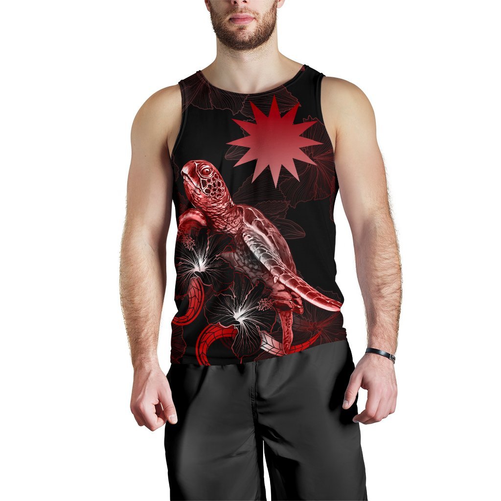 Nauru Men Tank Top - Turtle With Blooming Hibiscus Red - Polynesian Pride