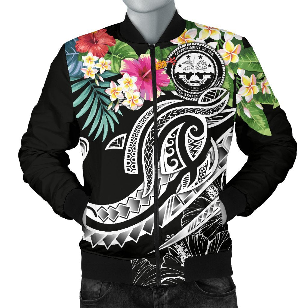 FSM Polynesian Men's Bomber Jacket - Summer Plumeria (Black) Black - Polynesian Pride