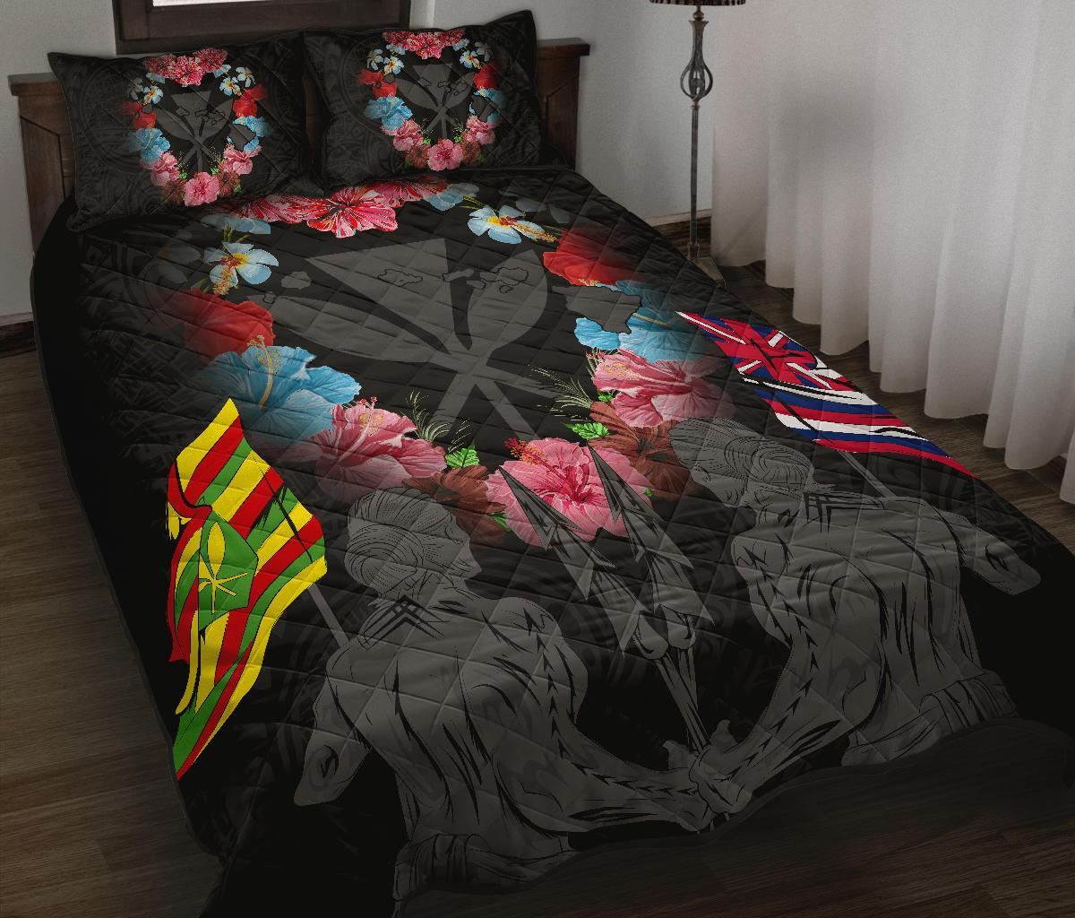 Hawaii Map Kanaka Two Men Holding Flag Quilt Bed Set - AH - Grey - Polynesian Pride