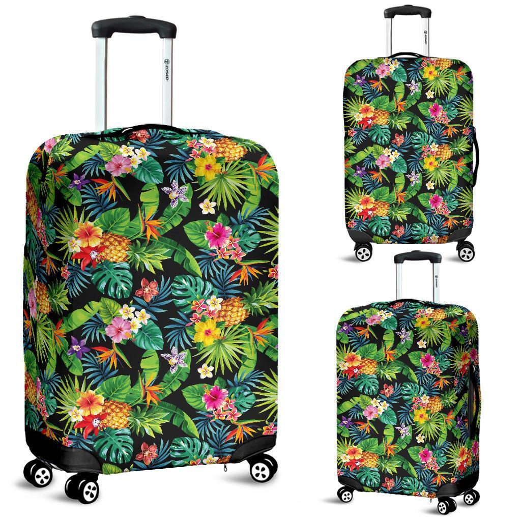 Tropical Pattern With Pineapples, Palm Leaves And Flowers Luggage Cover White - Polynesian Pride