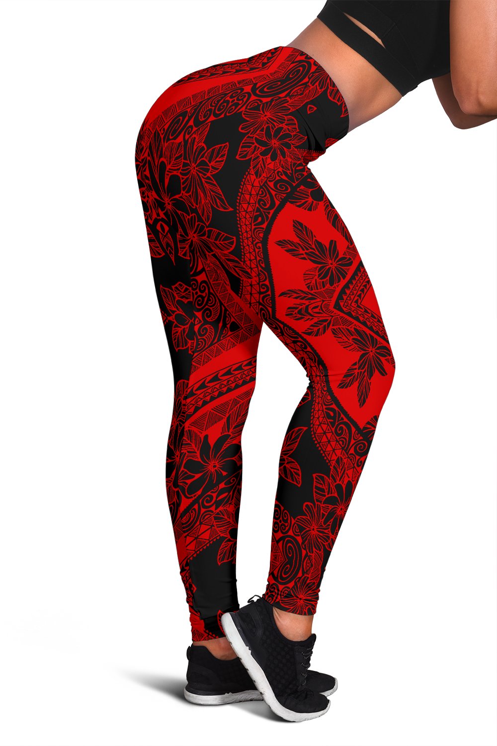 Polynesian Plumeria Mix Red Black Hawaii Women's Leggings AH Red - Polynesian Pride
